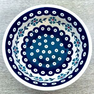 Boleslawiec Polish Pottery Blue Circles Floral Ceramic Soup Bowl